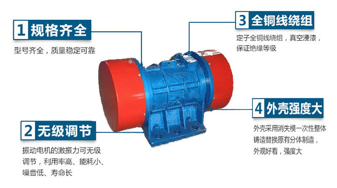 VB振動電機(jī)特點(diǎn)：1，規(guī)格齊全：型號齊全，質(zhì)量穩(wěn)定可靠。2，無極調(diào)節(jié)：振動電機(jī)的激振力可無極調(diào)節(jié)，利用率高，能耗小，噪音低，壽命長。4，外殼輕度大：外殼采用消失模一次性整體鑄造替換原有分體制造，外觀好看，強(qiáng)度大。